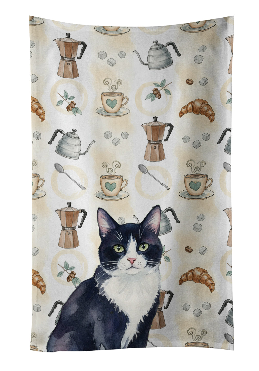 Black and White Tuxedo Cat Coffee Time Kitchen Towel Velour Plush Front and Cotton Loop Back Machine Washable