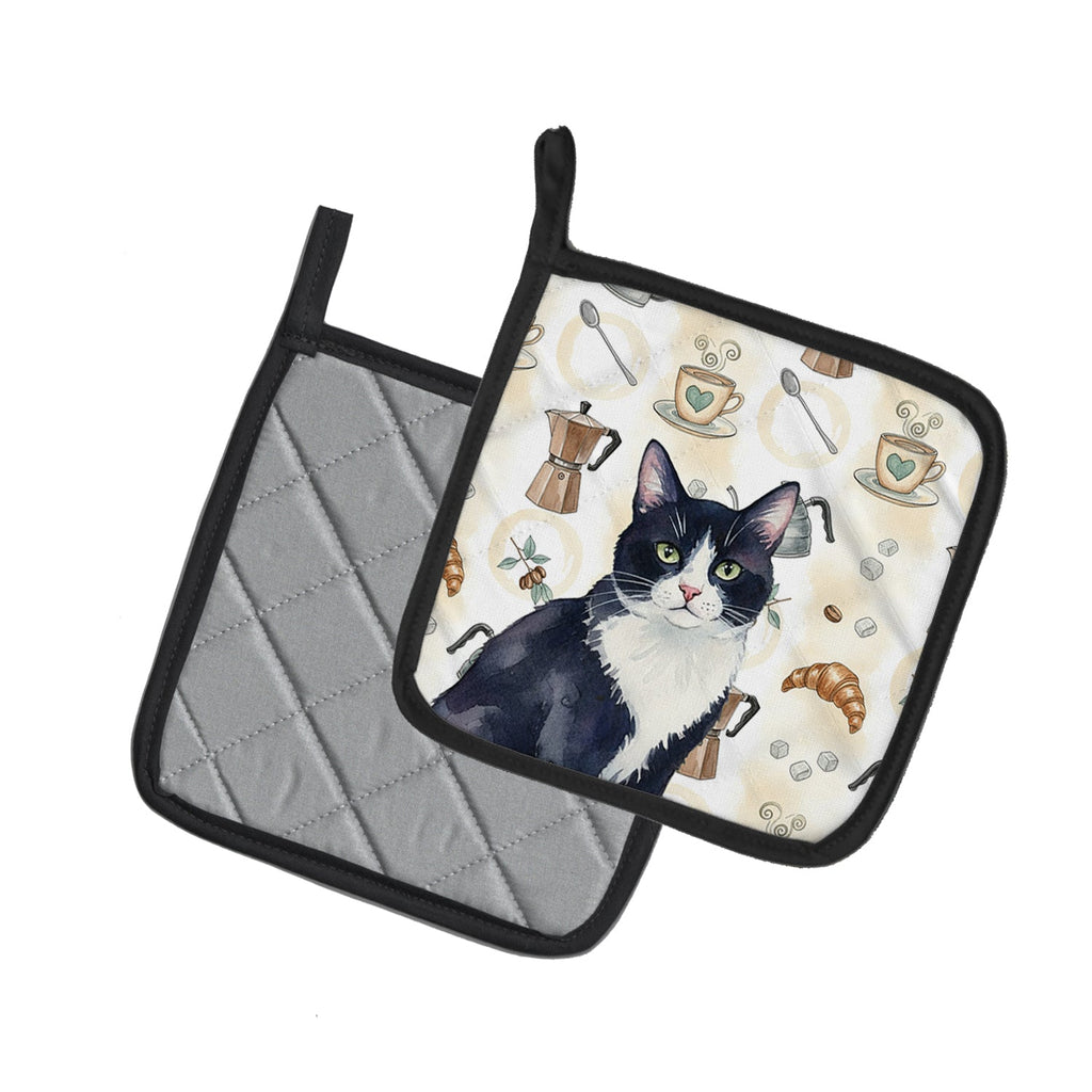 Black and White Tuxedo Cat Coffee Time Pot Holder Set of 2 Heat Resistant Quilted Hot Pads 7.5 x 7.5 Inch, Insulated Kitchen Trivets for Cooking & Baking