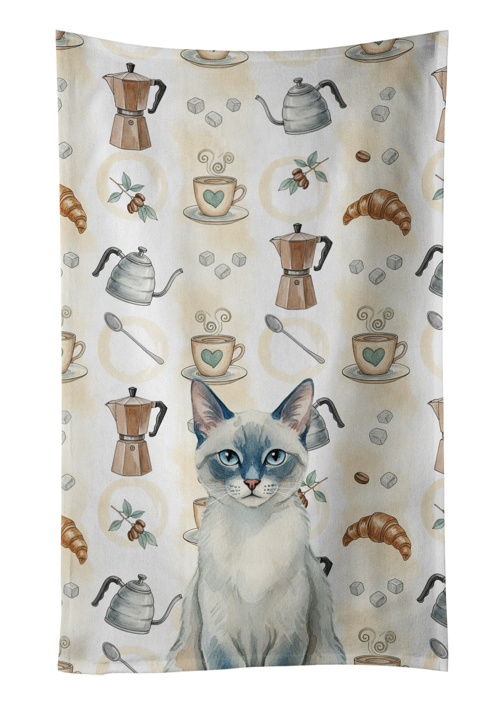 Blue Point Cat Coffee Time Kitchen Towel Velour Plush Front and Cotton Loop Back Machine Washable