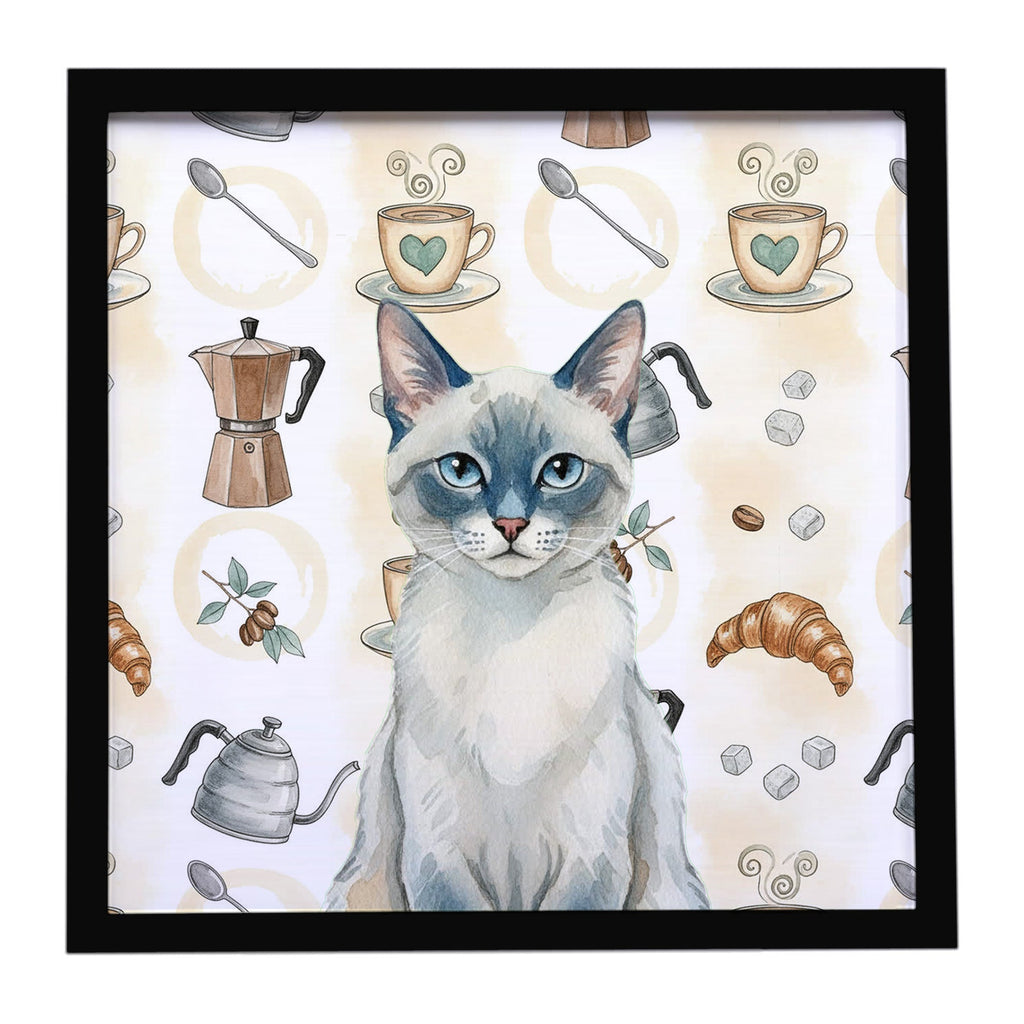 Blue Point Cat Coffee Time Framed Metal Print Bathroom, Kitchen, Office, Home Decor Wall Art Ready to Hang, Square, 8X8