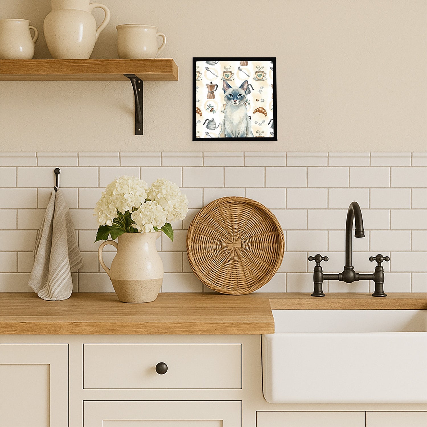 Blue Point Cat Coffee Time Framed Metal Print Bathroom, Kitchen, Office, Home Decor Wall Art Ready to Hang, Square, 8X8