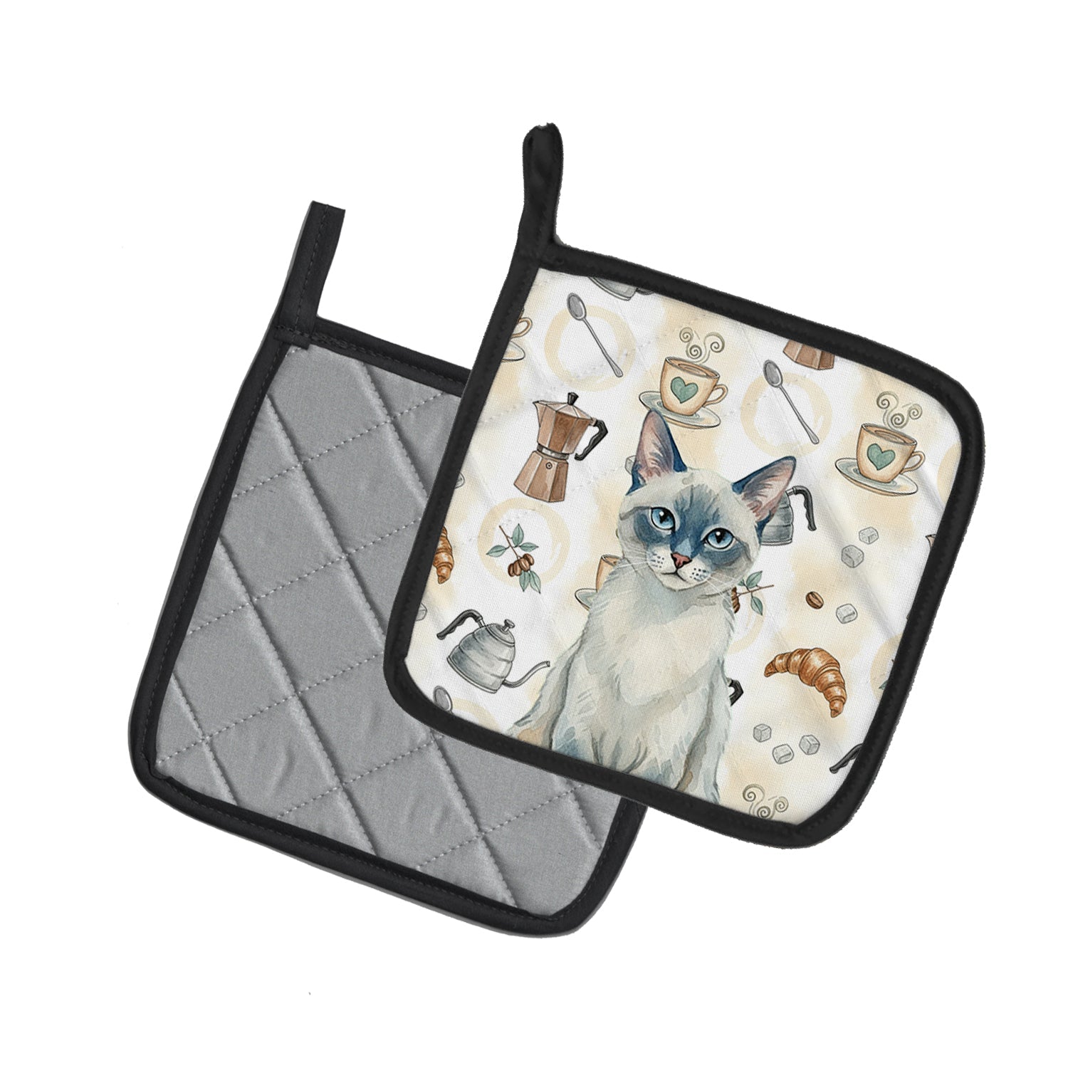 Blue Point Cat Coffee Time Pot Holder Set of 2 Heat Resistant Quilted Hot Pads 7.5 x 7.5 Inch, Insulated Kitchen Trivets for Cooking & Baking