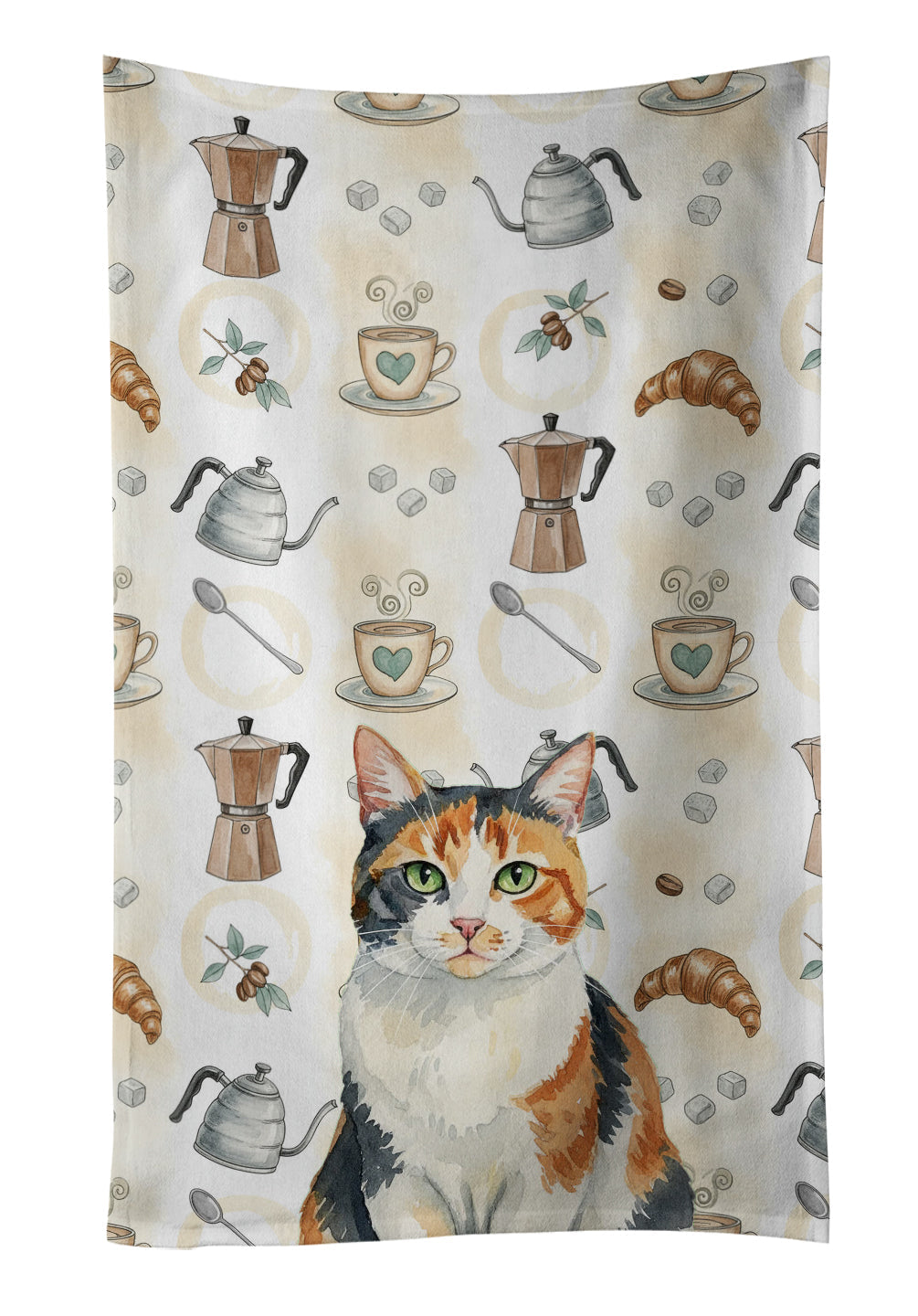 Calico Cat Coffee Time Kitchen Towel Velour Plush Front and Cotton Loop Back Machine Washable