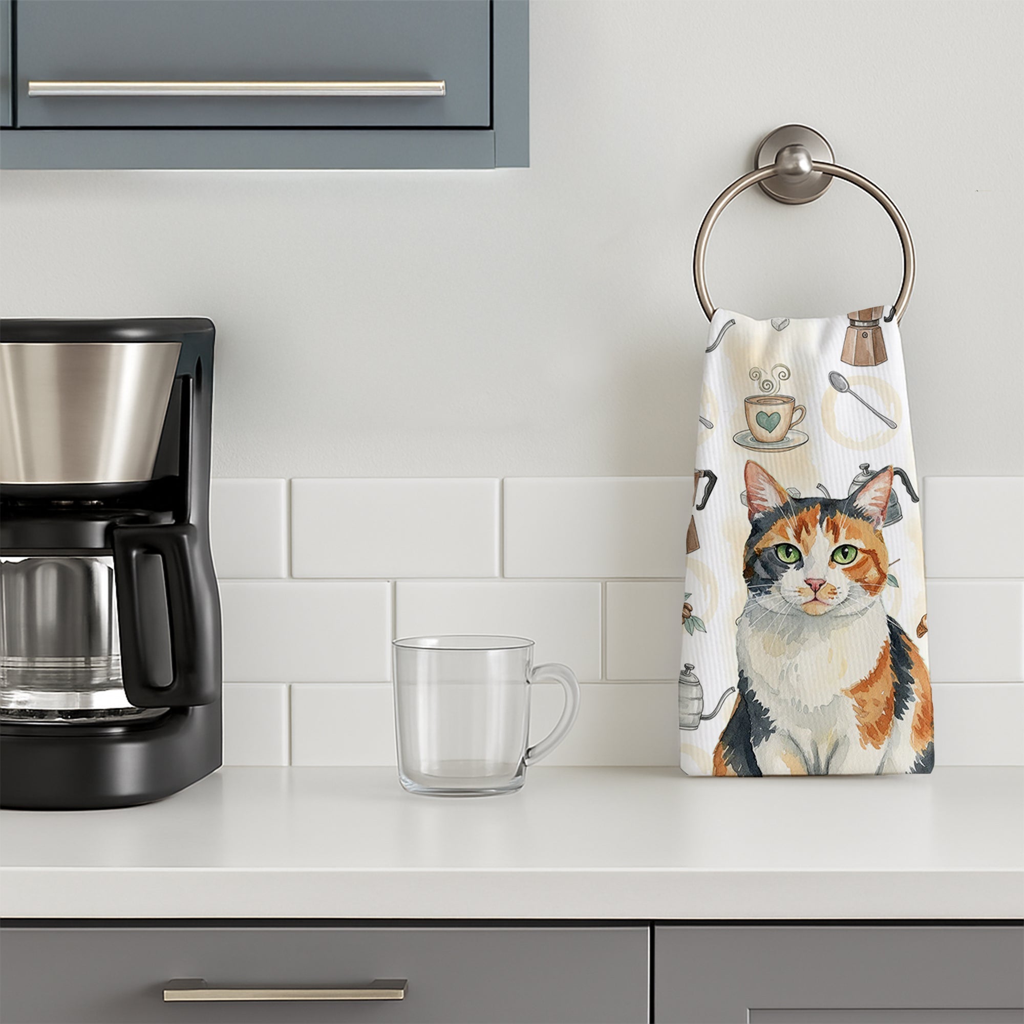 Calico Cat Coffee Time Kitchen Towel Velour Plush Front and Cotton Loop Back Machine Washable