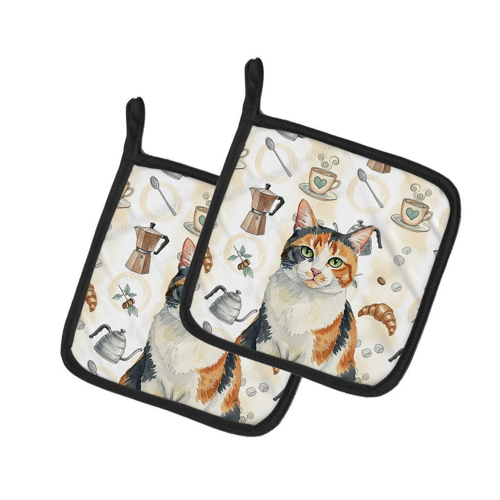 Calico Cat Coffee Time Pot Holder Set of 2 Heat Resistant Quilted Hot Pads 7.5 x 7.5 Inch, Insulated Kitchen Trivets for Cooking & Baking