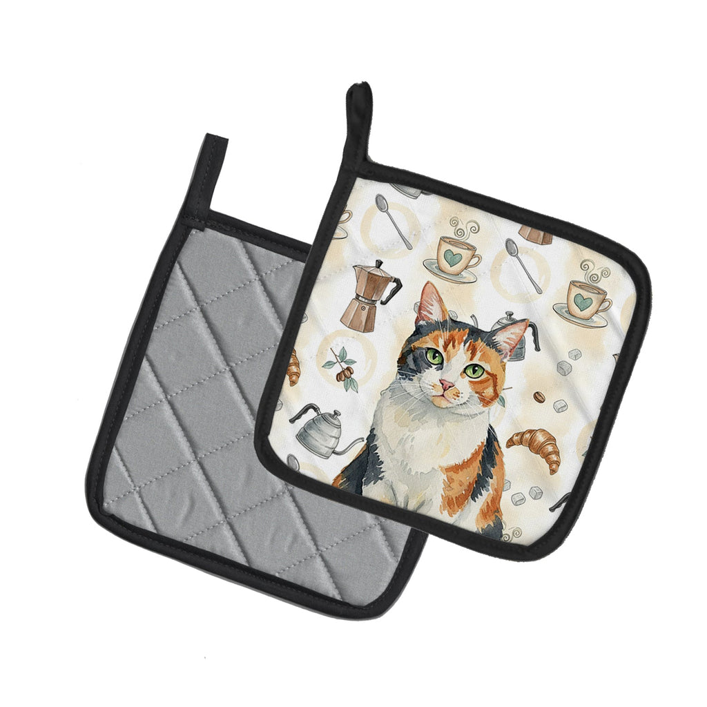 Calico Cat Coffee Time Pot Holder Set of 2 Heat Resistant Quilted Hot Pads 7.5 x 7.5 Inch, Insulated Kitchen Trivets for Cooking & Baking
