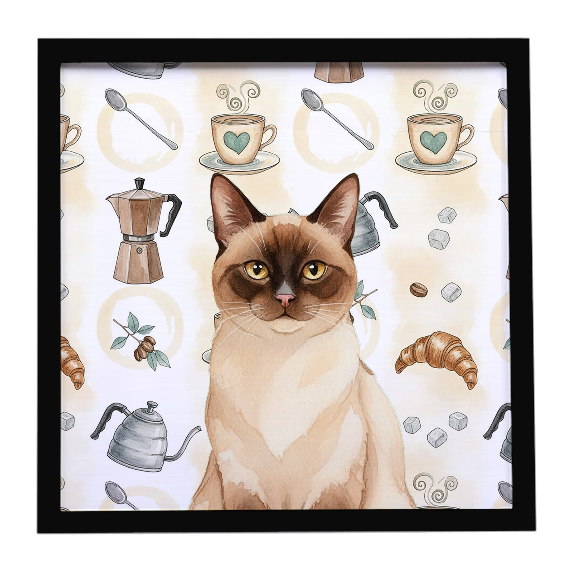 Chocolate Point Cat Coffee Time Framed Metal Print Bathroom, Kitchen, Office, Home Decor Wall Art Ready to Hang, Square, 8X8
