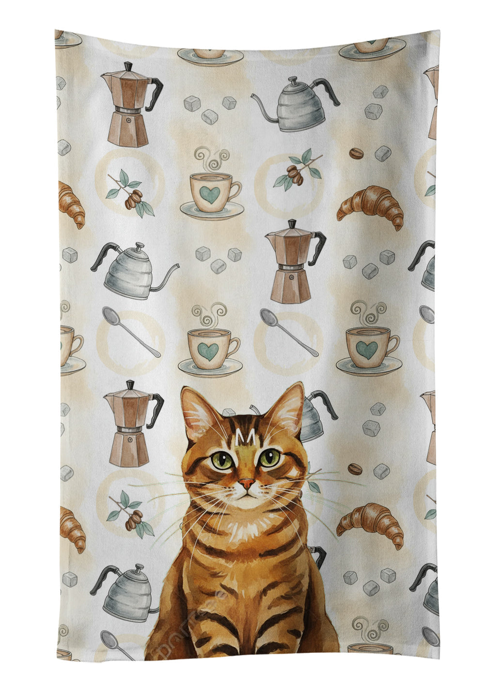 Classic Tabby Brown Cat Coffee Time Kitchen Towel Velour Plush Front and Cotton Loop Back Machine Washable