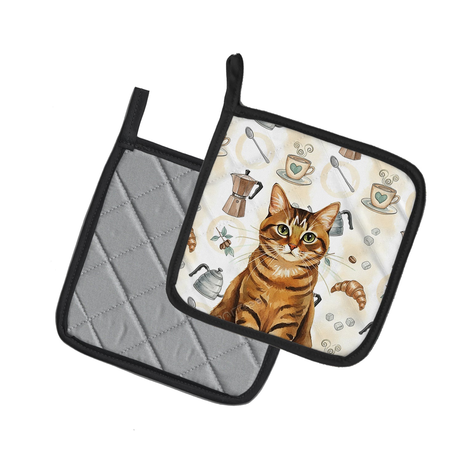 Classic Tabby Brown Cat Coffee Time Pot Holder Set of 2 Heat Resistant Quilted Hot Pads 7.5 x 7.5 Inch, Insulated Kitchen Trivets for Cooking & Baking