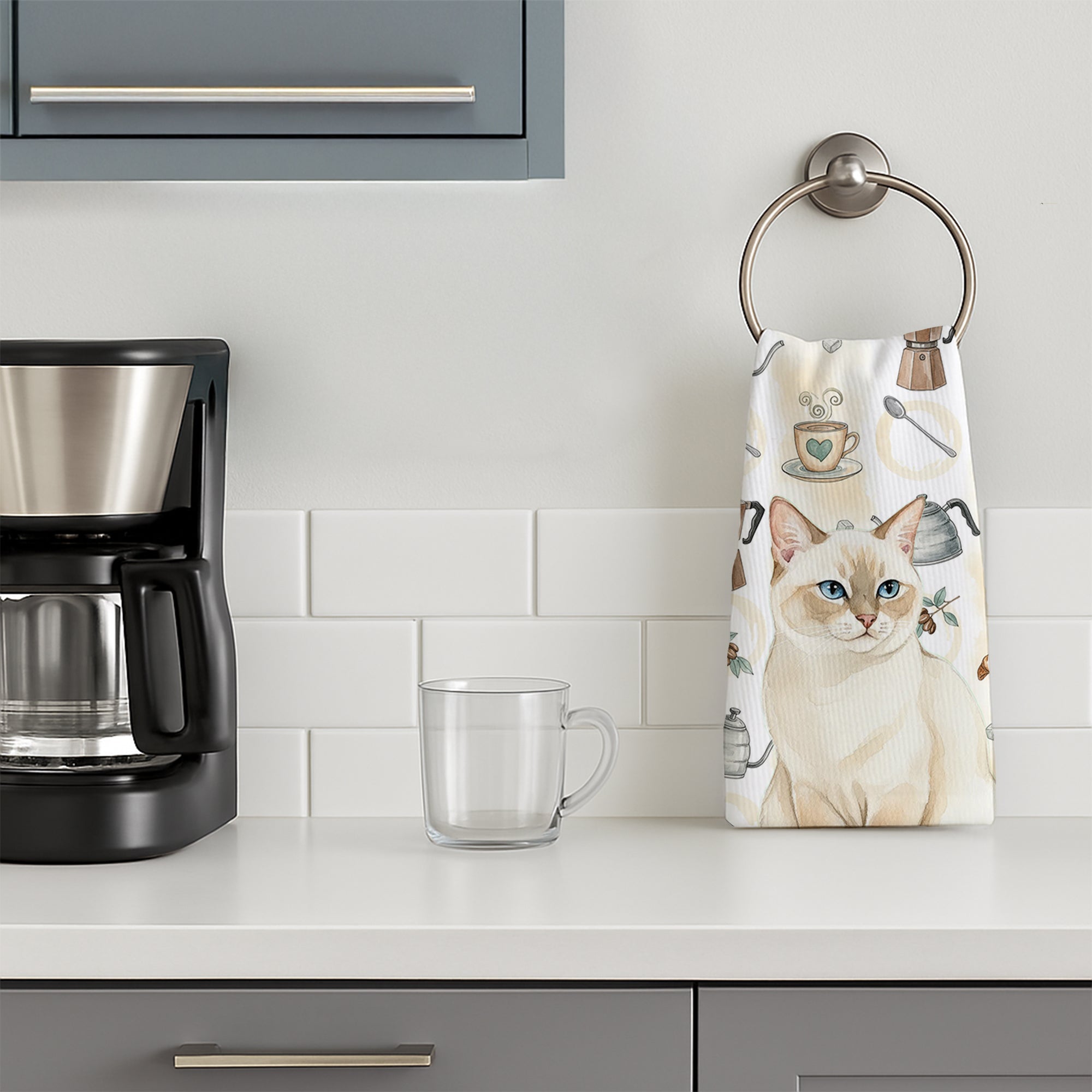 Cream Point Cat Coffee Time Kitchen Towel Velour Plush Front and Cotton Loop Back Machine Washable