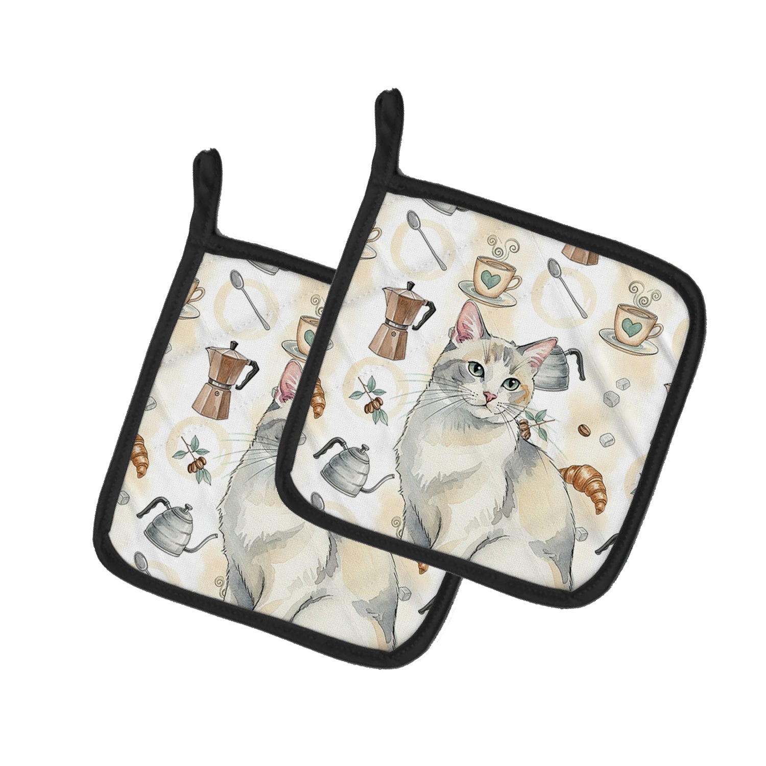 Dilute Calico Cat Coffee Time Pot Holder Set of 2 Heat Resistant Quilted Hot Pads 7.5 x 7.5 Inch, Insulated Kitchen Trivets for Cooking & Baking