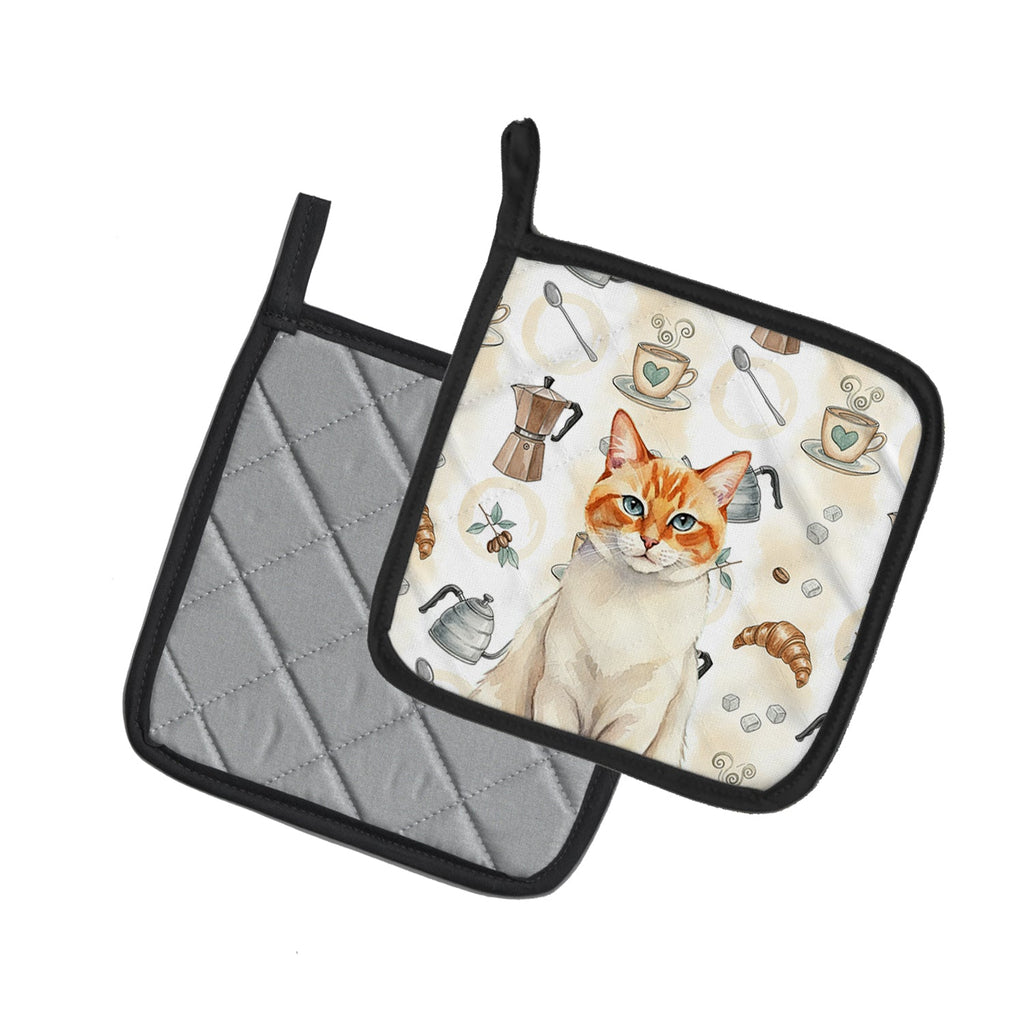 Flame Point Cat Coffee Time Pot Holder Set of 2 Heat Resistant Quilted Hot Pads 7.5 x 7.5 Inch, Insulated Kitchen Trivets for Cooking & Baking