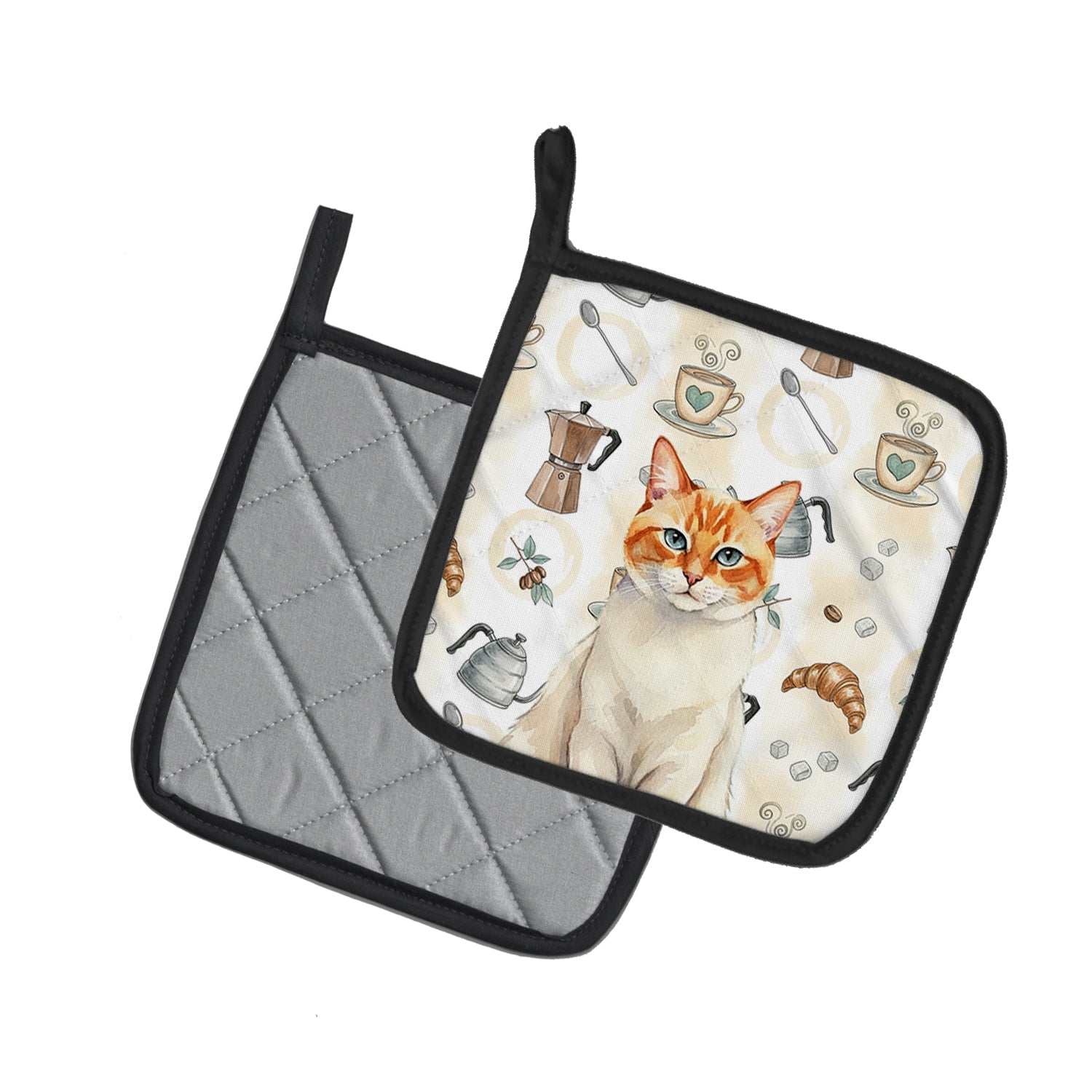 Flame Point Cat Coffee Time Pot Holder Set of 2 Heat Resistant Quilted Hot Pads 7.5 x 7.5 Inch, Insulated Kitchen Trivets for Cooking & Baking
