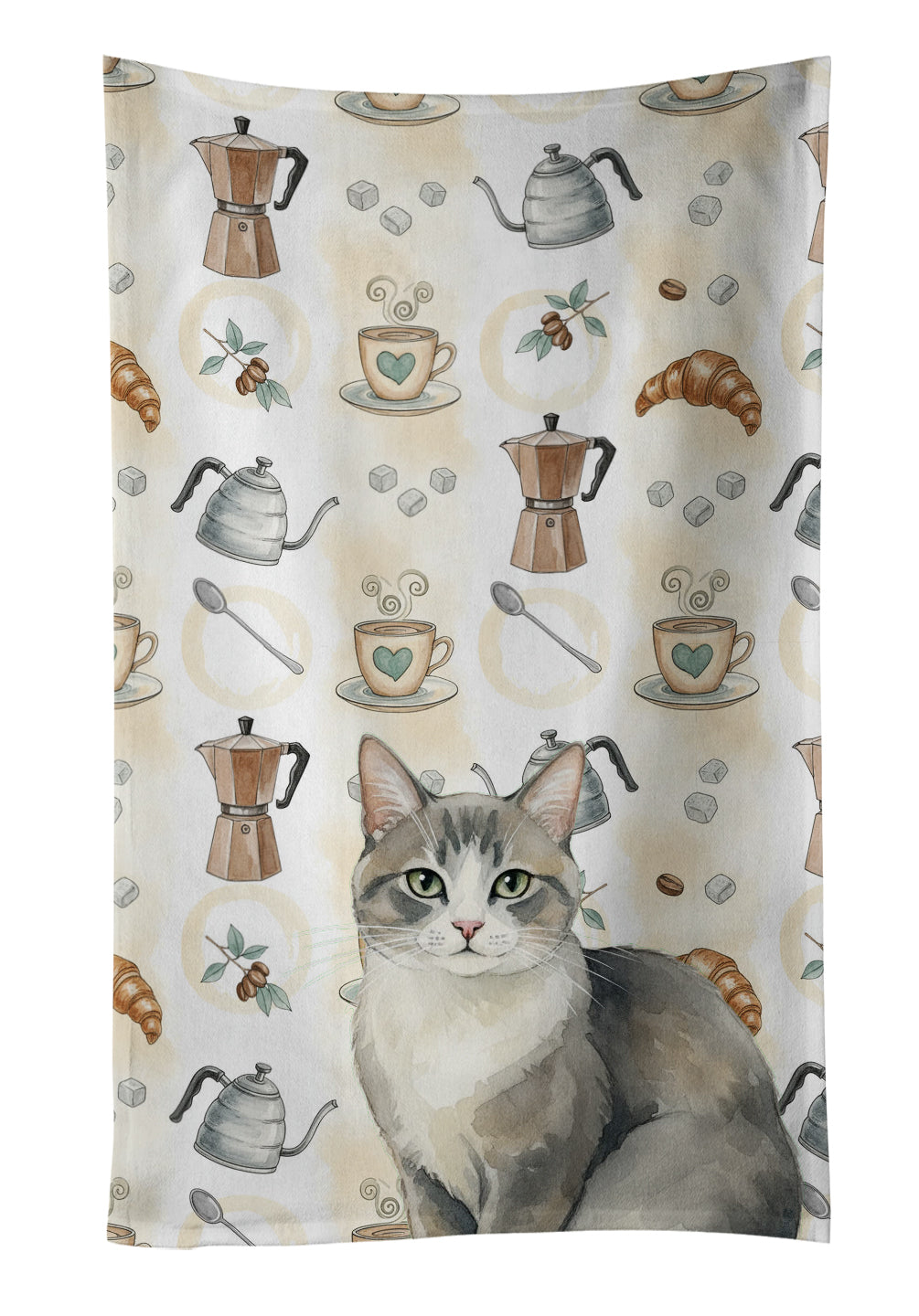 Gray and White Cat Coffee Time Kitchen Towel Velour Plush Front and Cotton Loop Back Machine Washable