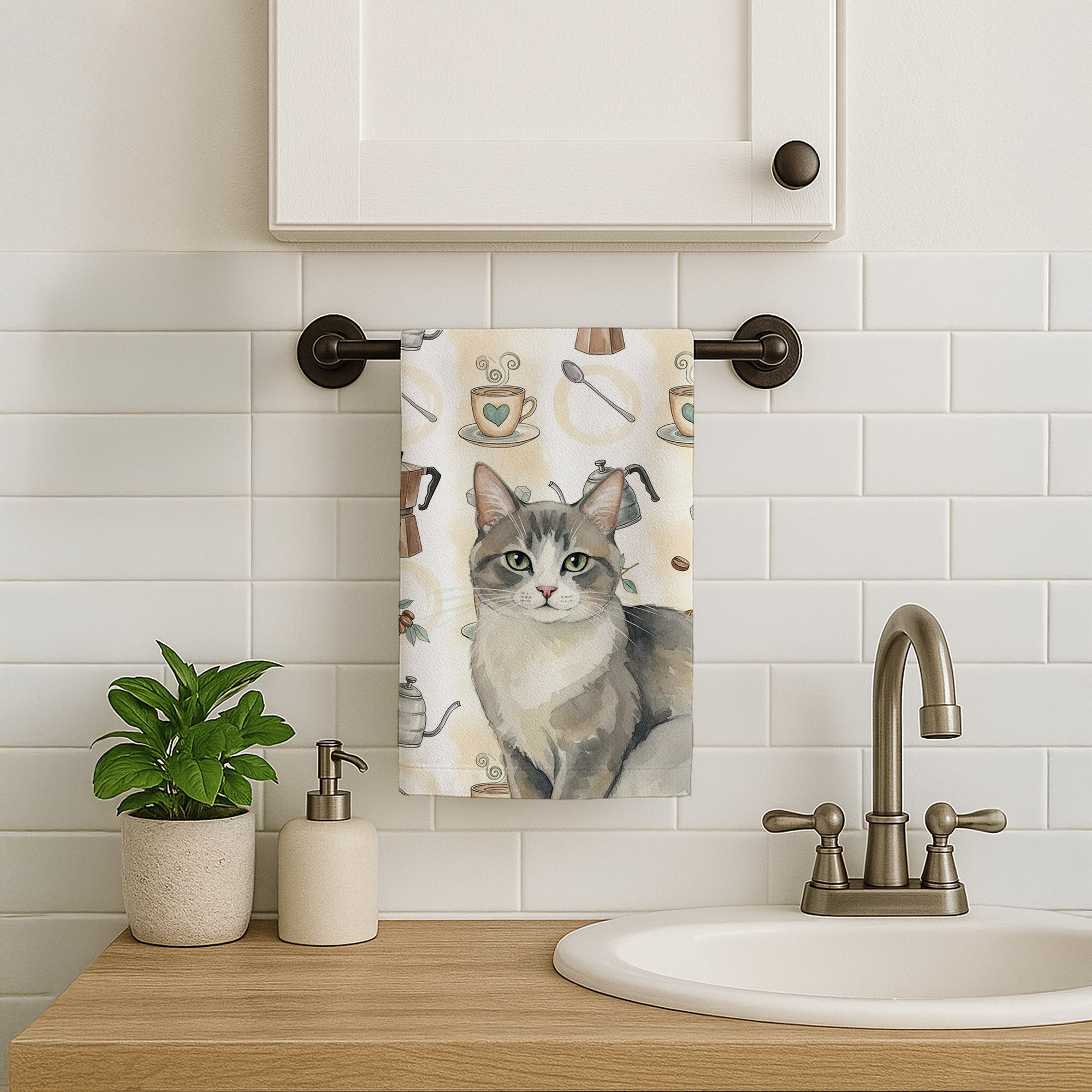 Gray and White Cat Coffee Time Kitchen Towel Velour Plush Front and Cotton Loop Back Machine Washable
