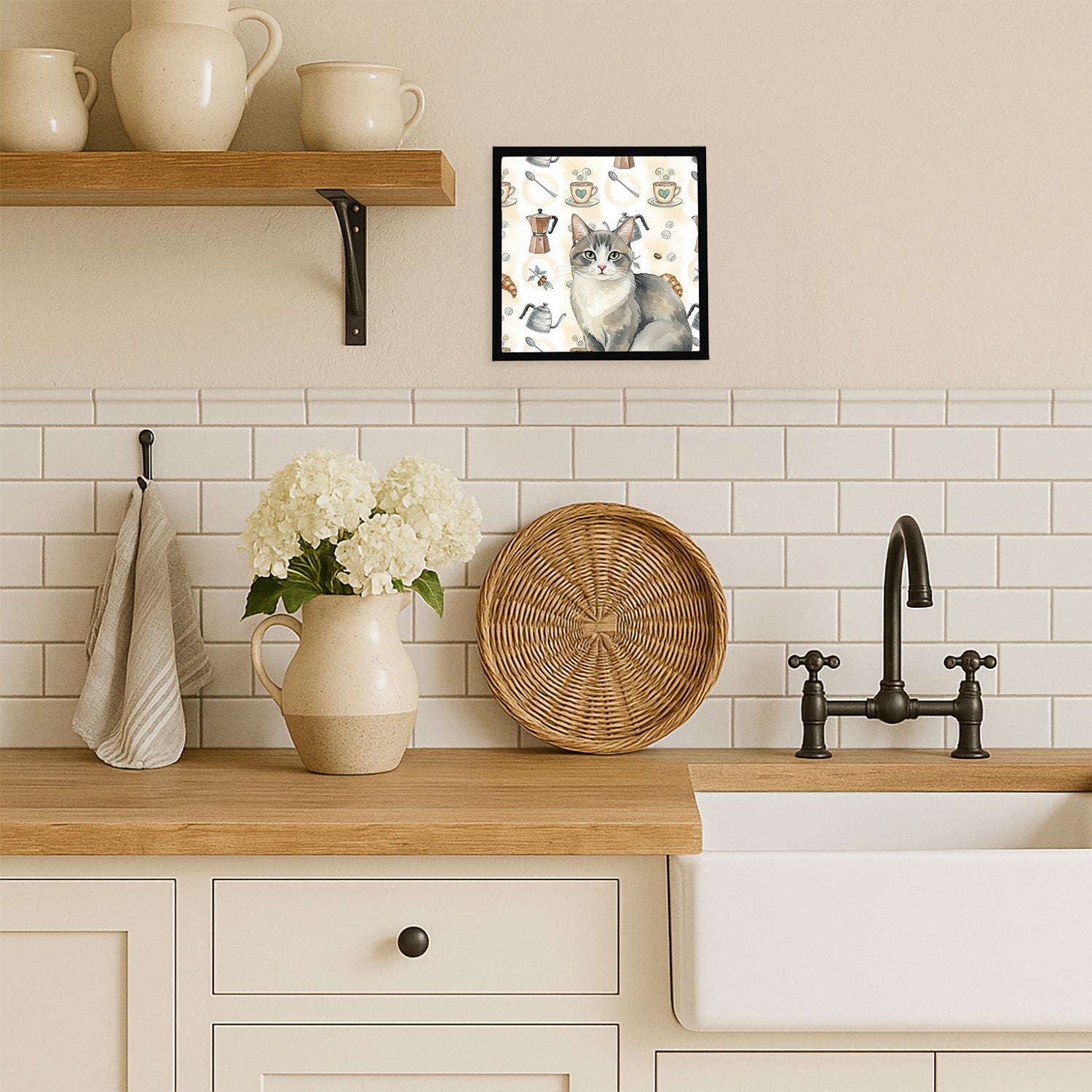 Gray and White Cat Coffee Time Framed Metal Print Bathroom, Kitchen, Office, Home Decor Wall Art Ready to Hang, Square, 8X8