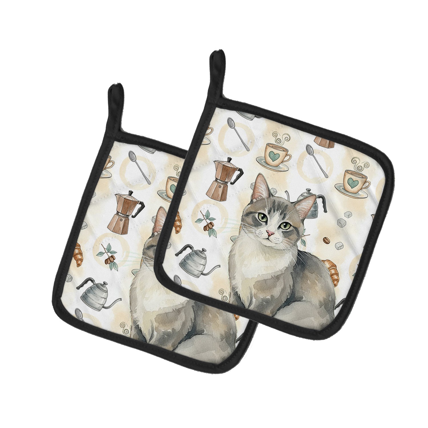 Gray and White Cat Coffee Time Pot Holder Set of 2 Heat Resistant Quilted Hot Pads 7.5 x 7.5 Inch, Insulated Kitchen Trivets for Cooking & Baking