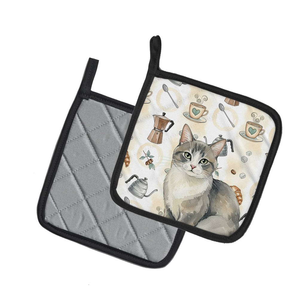 Gray and White Cat Coffee Time Pot Holder Set of 2 Heat Resistant Quilted Hot Pads 7.5 x 7.5 Inch, Insulated Kitchen Trivets for Cooking & Baking