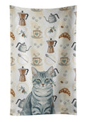 Gray Mackerel Tabby Cat Coffee Time Kitchen Towel Velour Plush Front and Cotton Loop Back Machine Washable