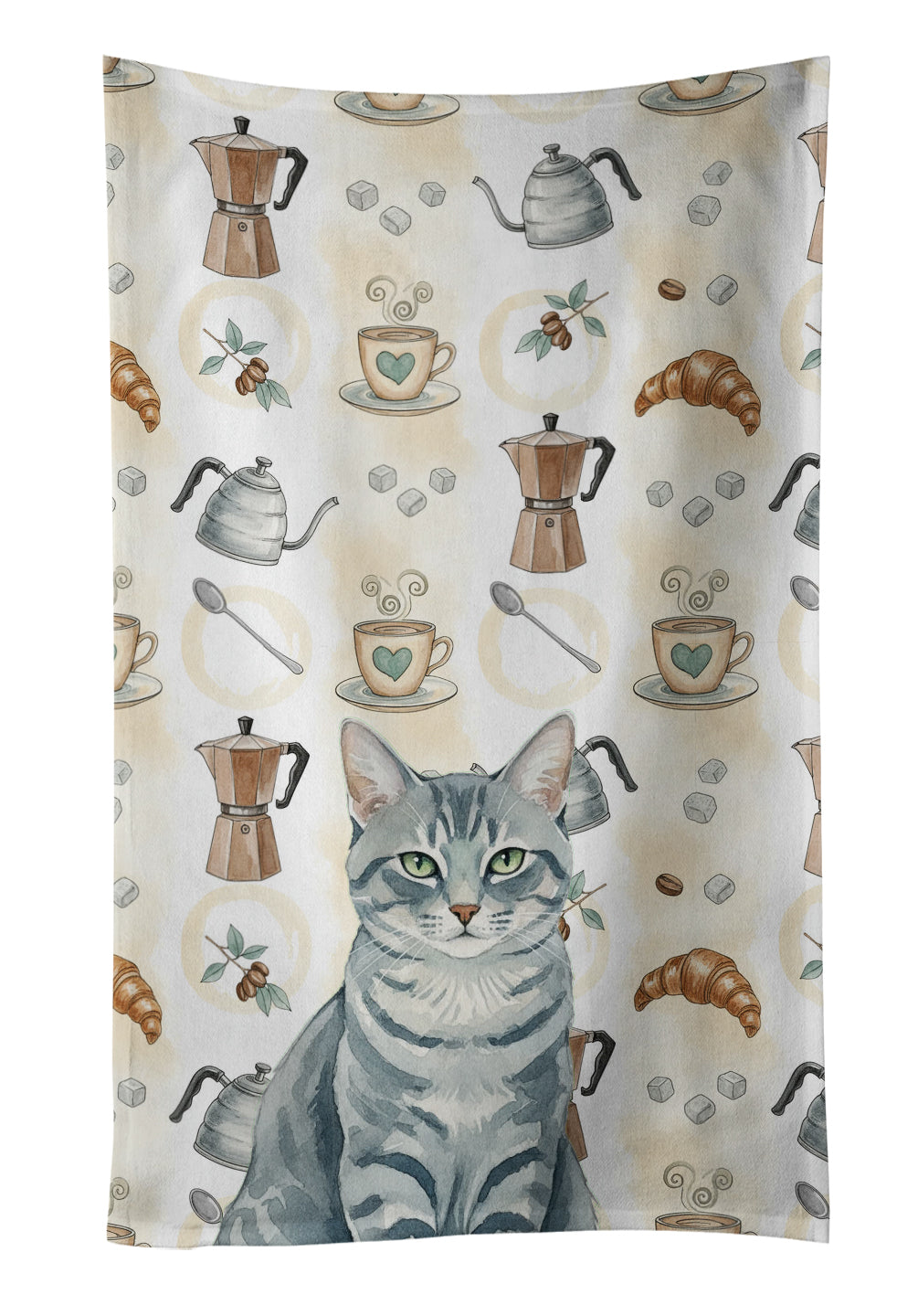 Gray Mackerel Tabby Cat Coffee Time Kitchen Towel Velour Plush Front and Cotton Loop Back Machine Washable