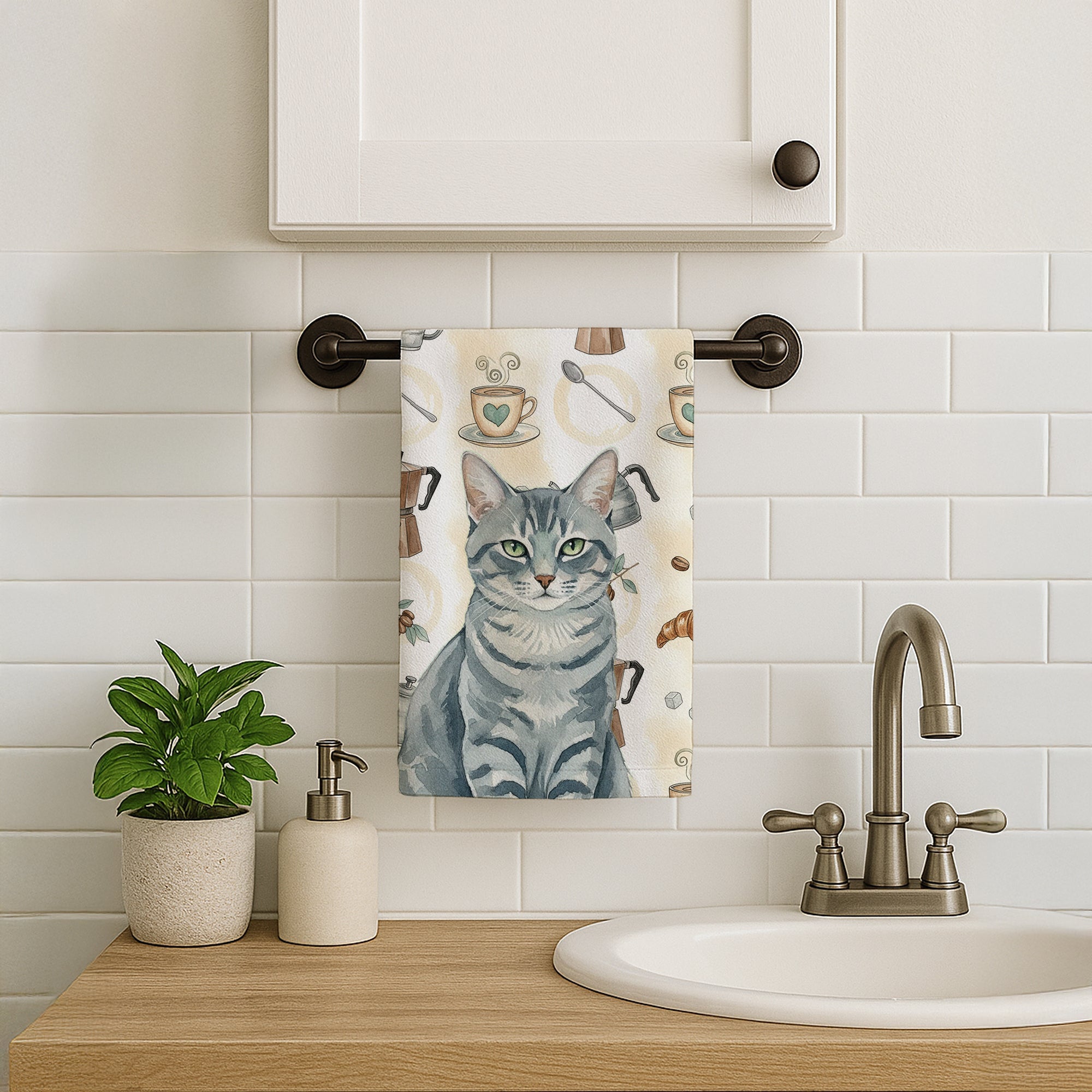 Gray Mackerel Tabby Cat Coffee Time Kitchen Towel Velour Plush Front and Cotton Loop Back Machine Washable