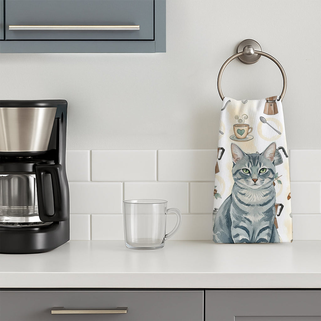 Gray Mackerel Tabby Cat Coffee Time Kitchen Towel Velour Plush Front and Cotton Loop Back Machine Washable