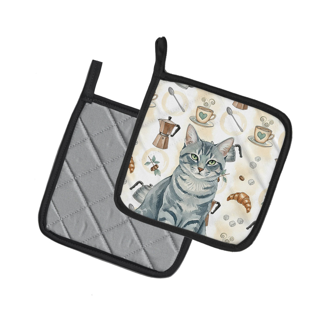 Gray Mackerel Tabby Cat Coffee Time Pot Holder Set of 2 Heat Resistant Quilted Hot Pads 7.5 x 7.5 Inch, Insulated Kitchen Trivets for Cooking & Baking