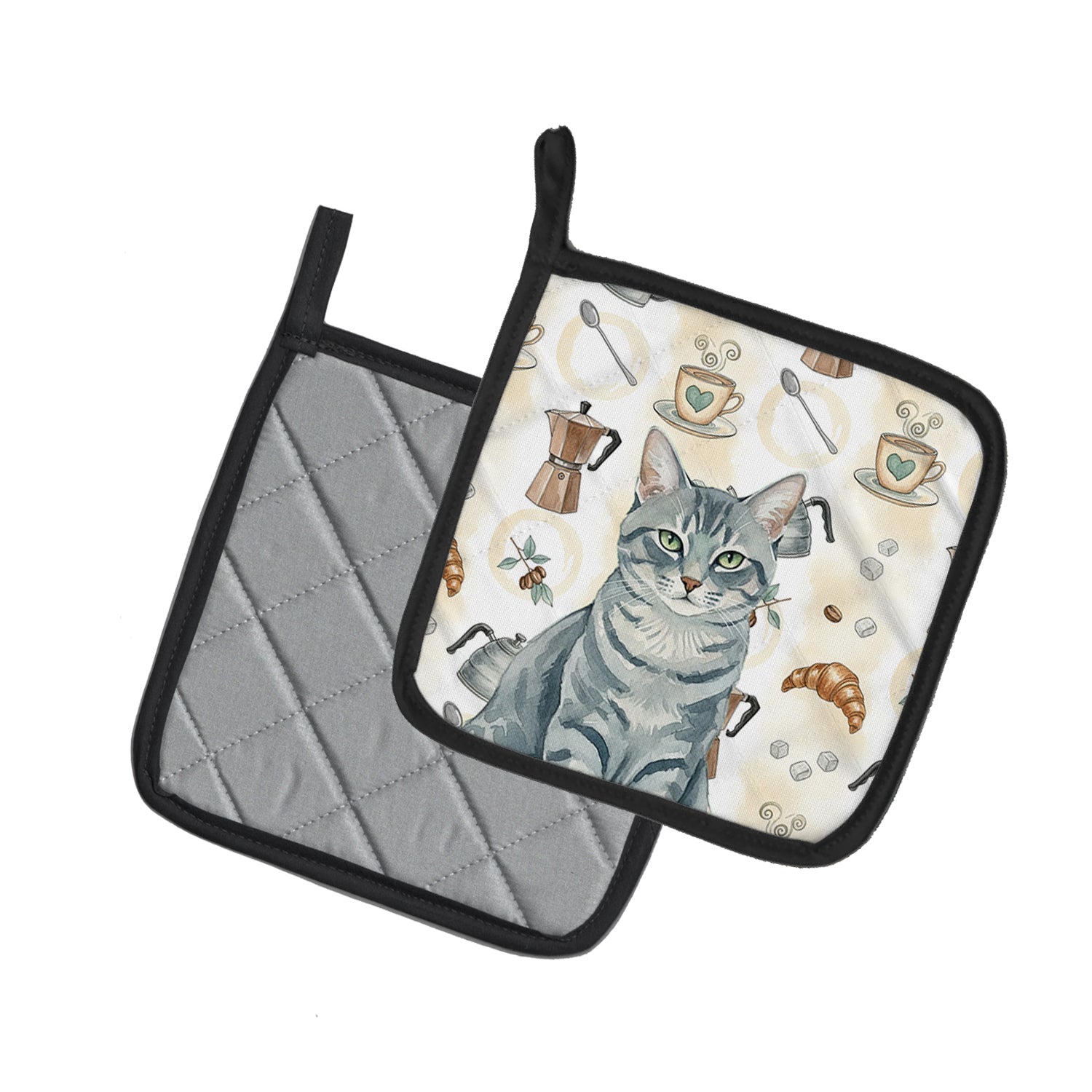 Gray Mackerel Tabby Cat Coffee Time Pot Holder Set of 2 Heat Resistant Quilted Hot Pads 7.5 x 7.5 Inch, Insulated Kitchen Trivets for Cooking & Baking
