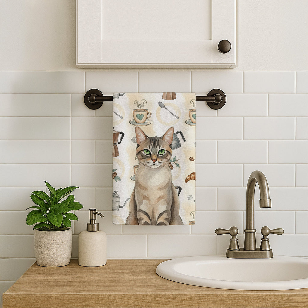 Lynx Point Tabby Cat Coffee Time Kitchen Towel Velour Plush Front and Cotton Loop Back Machine Washable