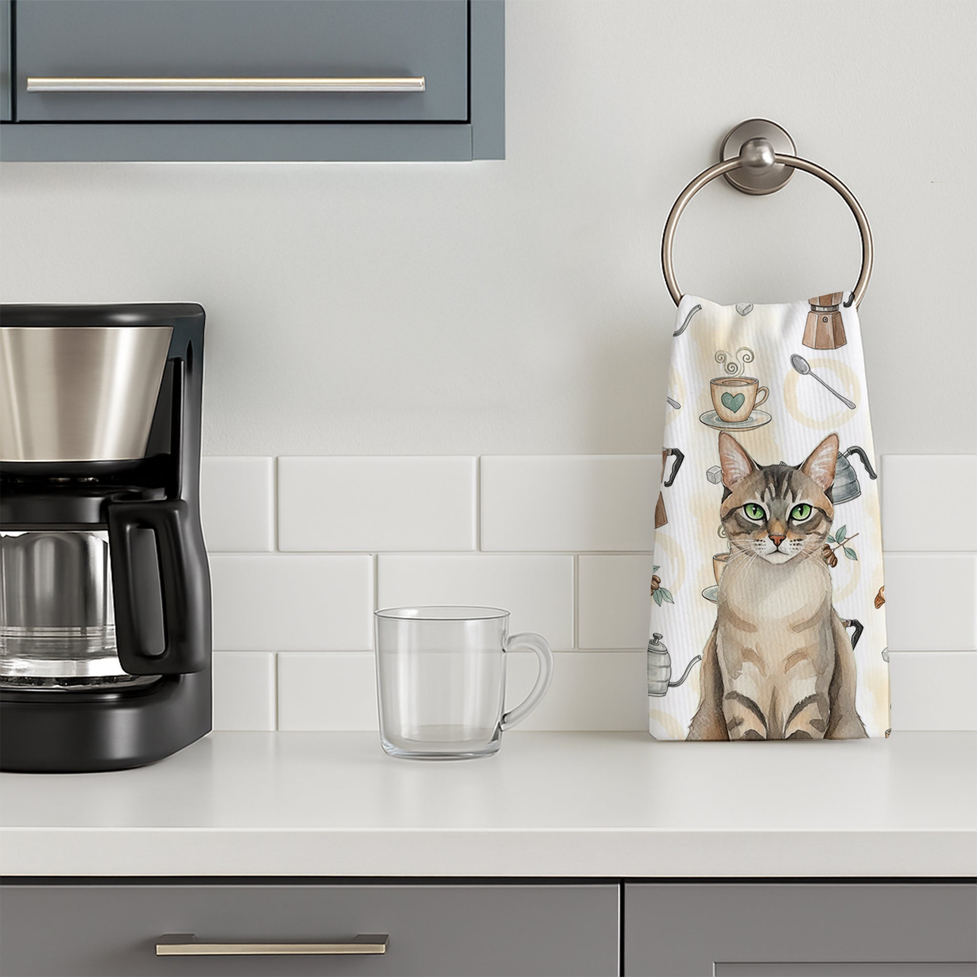 Lynx Point Tabby Cat Coffee Time Kitchen Towel Velour Plush Front and Cotton Loop Back Machine Washable