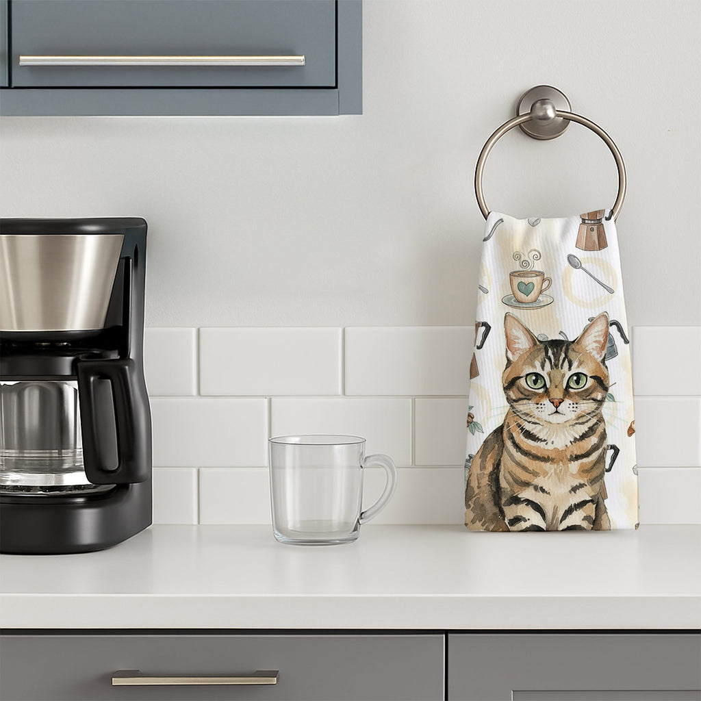 Mackerel Tabby Brown Cat Coffee Time Kitchen Towel Velour Plush Front and Cotton Loop Back Machine Washable