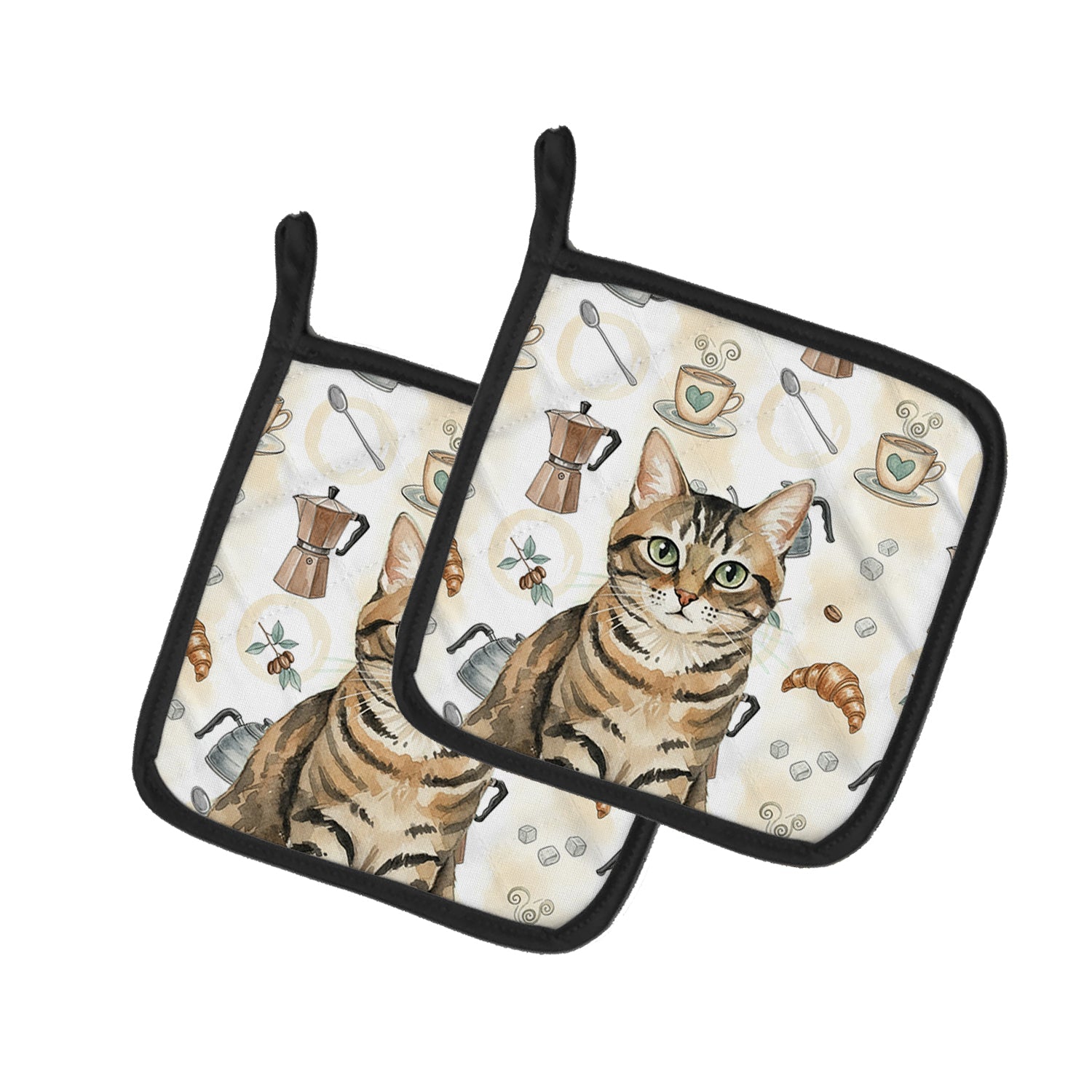 Mackerel Tabby Brown Cat Coffee Time Pot Holder Set of 2 Heat Resistant Quilted Hot Pads 7.5 x 7.5 Inch, Insulated Kitchen Trivets for Cooking & Baking