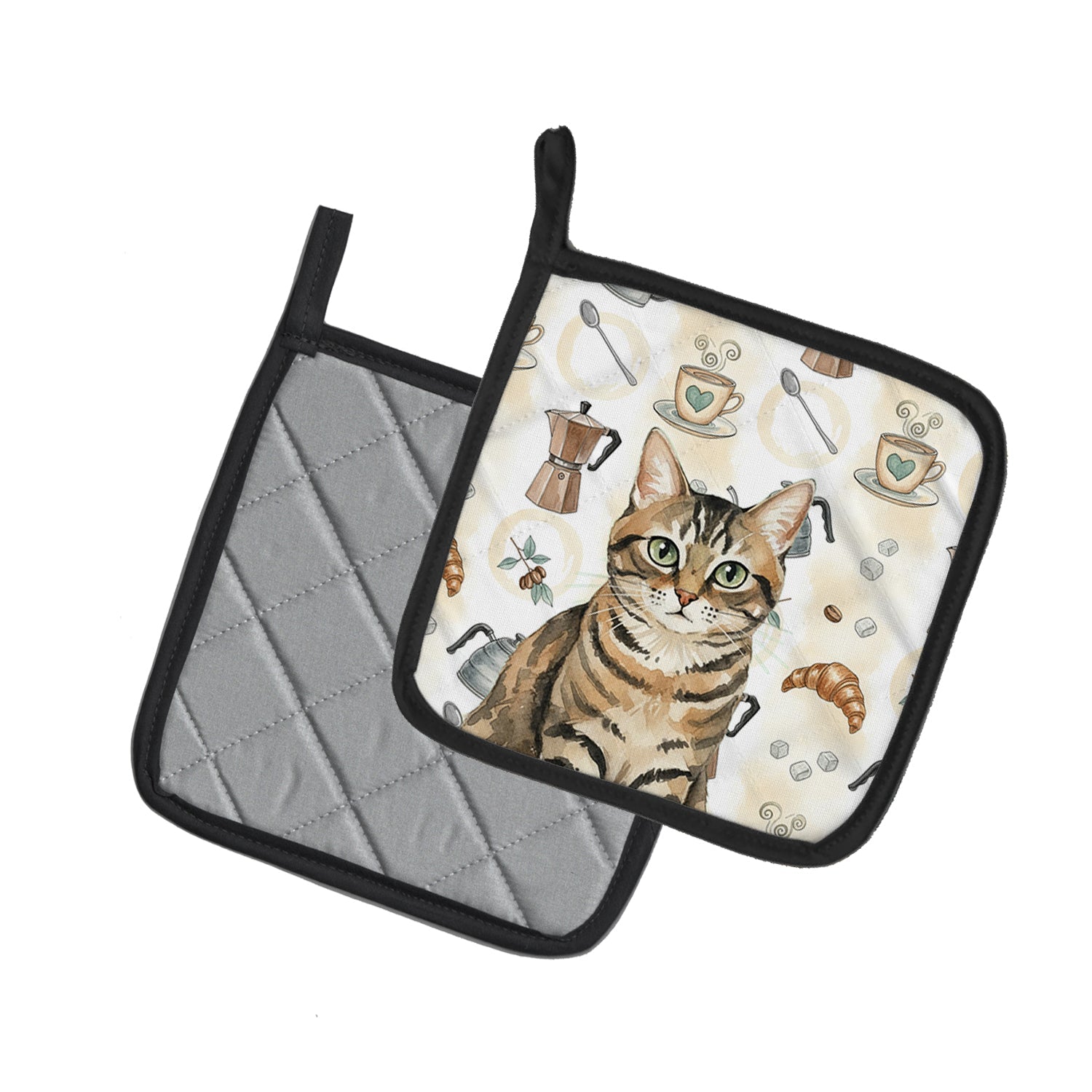 Mackerel Tabby Brown Cat Coffee Time Pot Holder Set of 2 Heat Resistant Quilted Hot Pads 7.5 x 7.5 Inch, Insulated Kitchen Trivets for Cooking & Baking