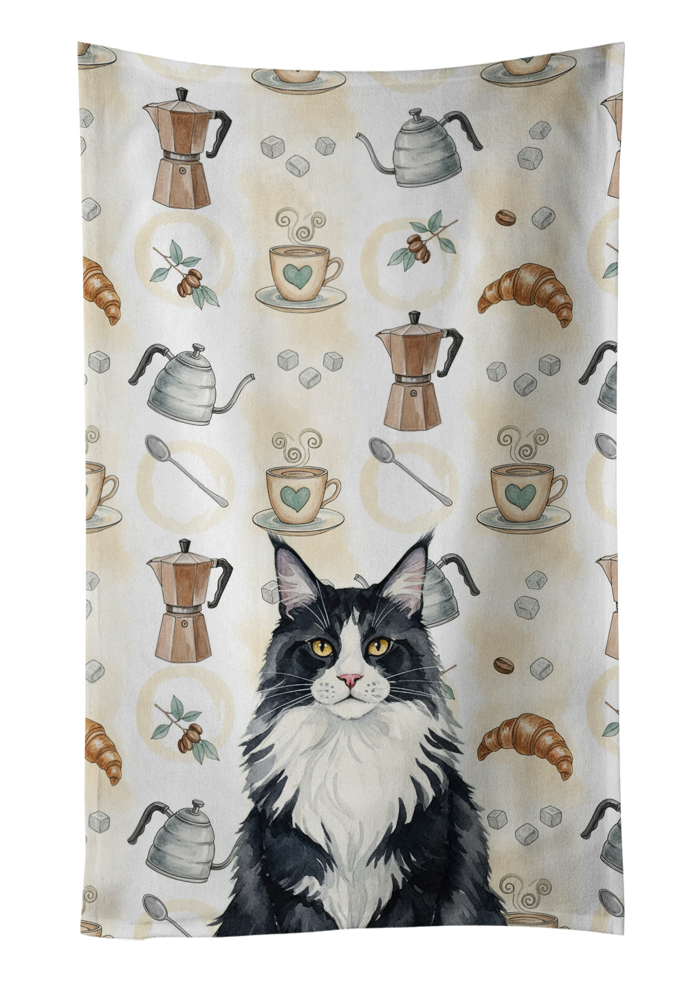 MaineCoon Black and White Cat Coffee Time Kitchen Towel Velour Plush Front and Cotton Loop Back Machine Washable