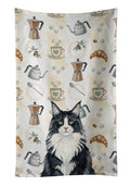 MaineCoon Black and White Cat Coffee Time Kitchen Towel Velour Plush Front and Cotton Loop Back Machine Washable
