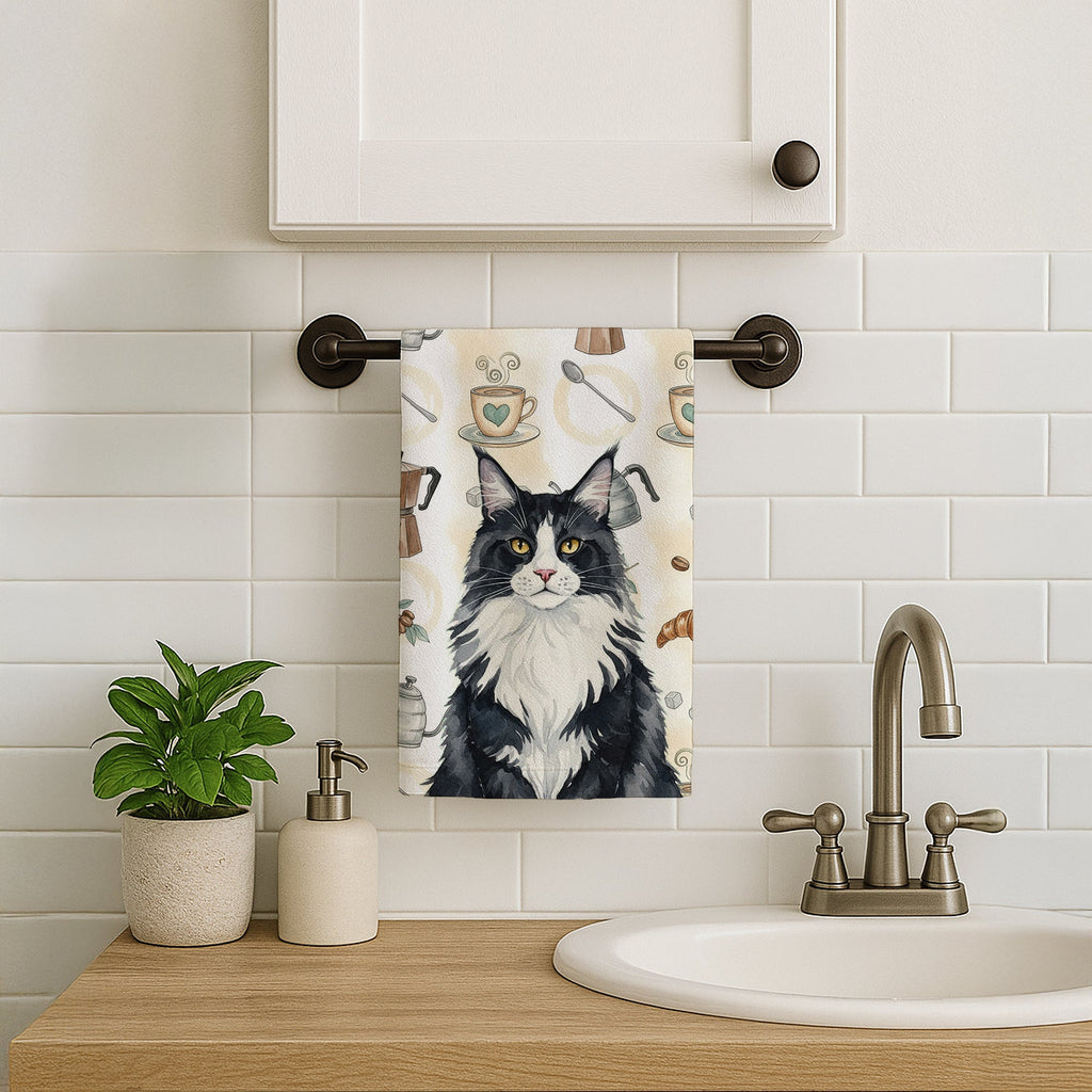 MaineCoon Black and White Cat Coffee Time Kitchen Towel Velour Plush Front and Cotton Loop Back Machine Washable