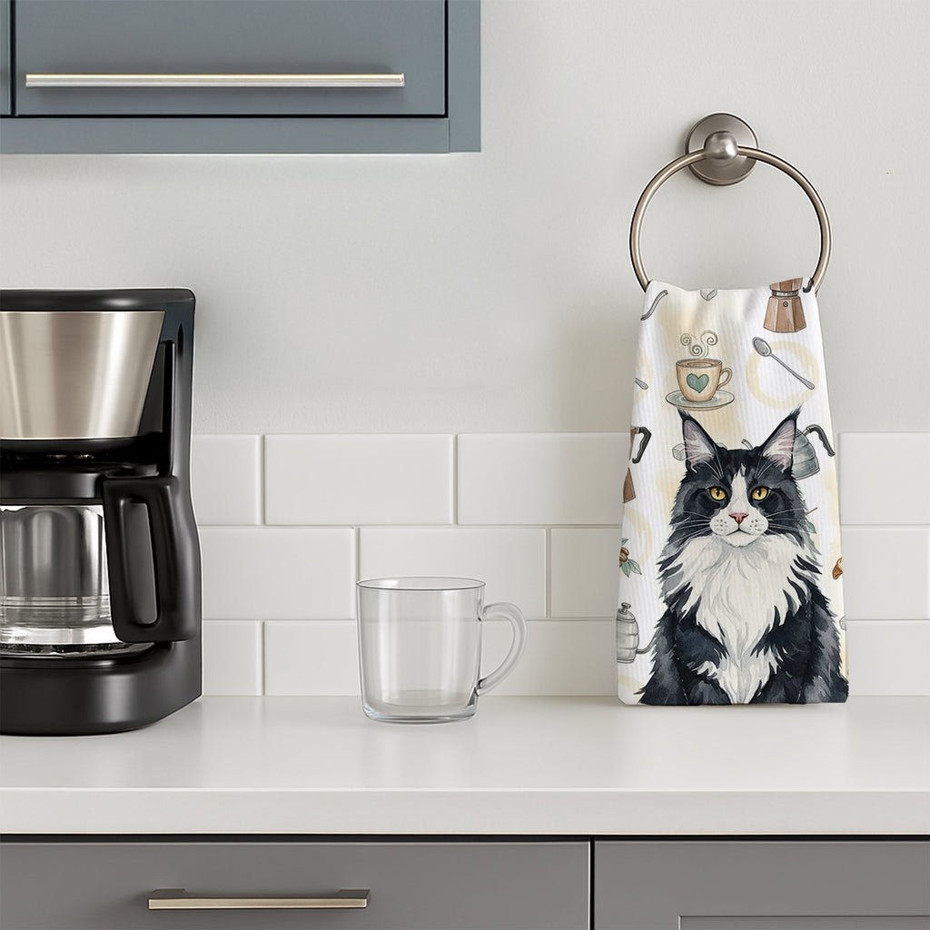 MaineCoon Black and White Cat Coffee Time Kitchen Towel Velour Plush Front and Cotton Loop Back Machine Washable