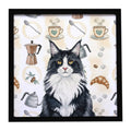 MaineCoon Black and White Cat Coffee Time Framed Metal Print Bathroom, Kitchen, Office, Home Decor Wall Art Ready to Hang, Square, 8X8