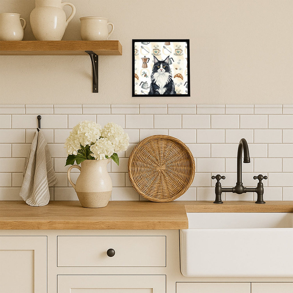 MaineCoon Black and White Cat Coffee Time Framed Metal Print Bathroom, Kitchen, Office, Home Decor Wall Art Ready to Hang, Square, 8X8