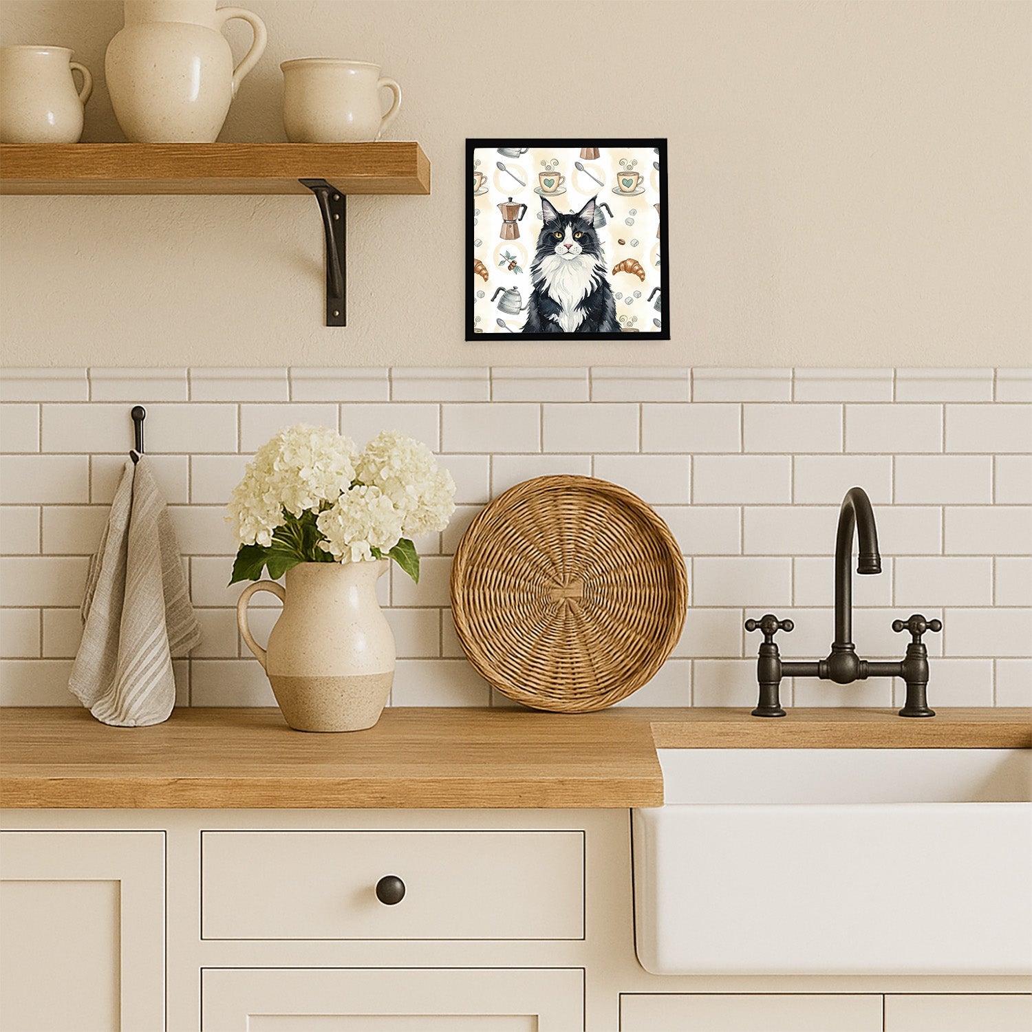 MaineCoon Black and White Cat Coffee Time Framed Metal Print Bathroom, Kitchen, Office, Home Decor Wall Art Ready to Hang, Square, 8X8