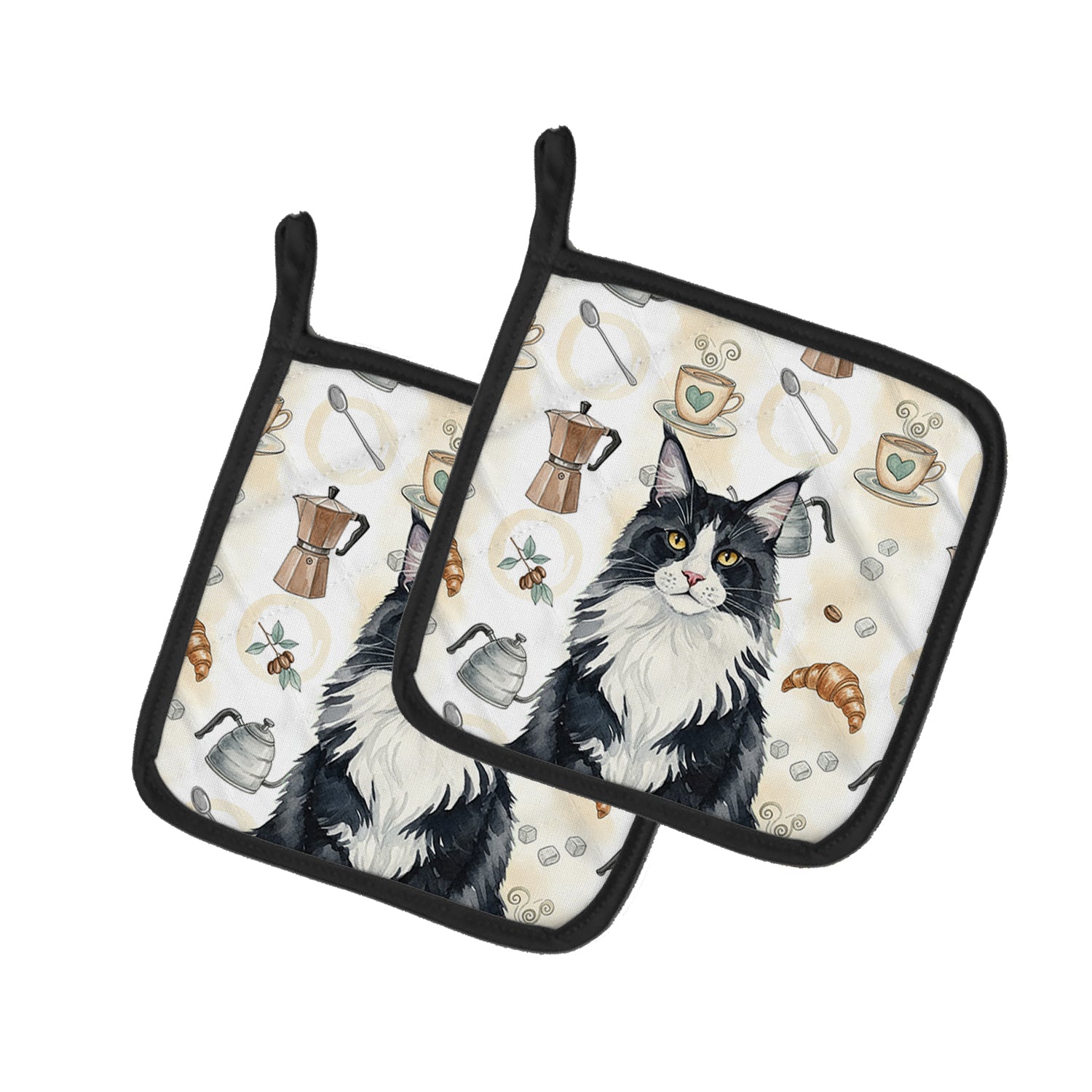MaineCoon Black and White Cat Coffee Time Pot Holder Set of 2 Heat Resistant Quilted Hot Pads 7.5 x 7.5 Inch, Insulated Kitchen Trivets for Cooking & Baking