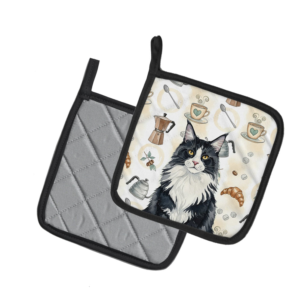 MaineCoon Black and White Cat Coffee Time Pot Holder Set of 2 Heat Resistant Quilted Hot Pads 7.5 x 7.5 Inch, Insulated Kitchen Trivets for Cooking & Baking