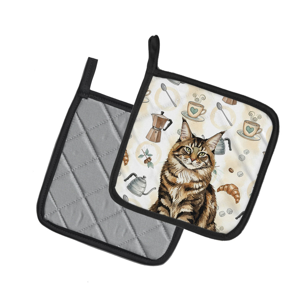 MaineCoon Brown Tabby Cat Coffee Time Pot Holder Set of 2 Heat Resistant Quilted Hot Pads 7.5 x 7.5 Inch, Insulated Kitchen Trivets for Cooking & Baking