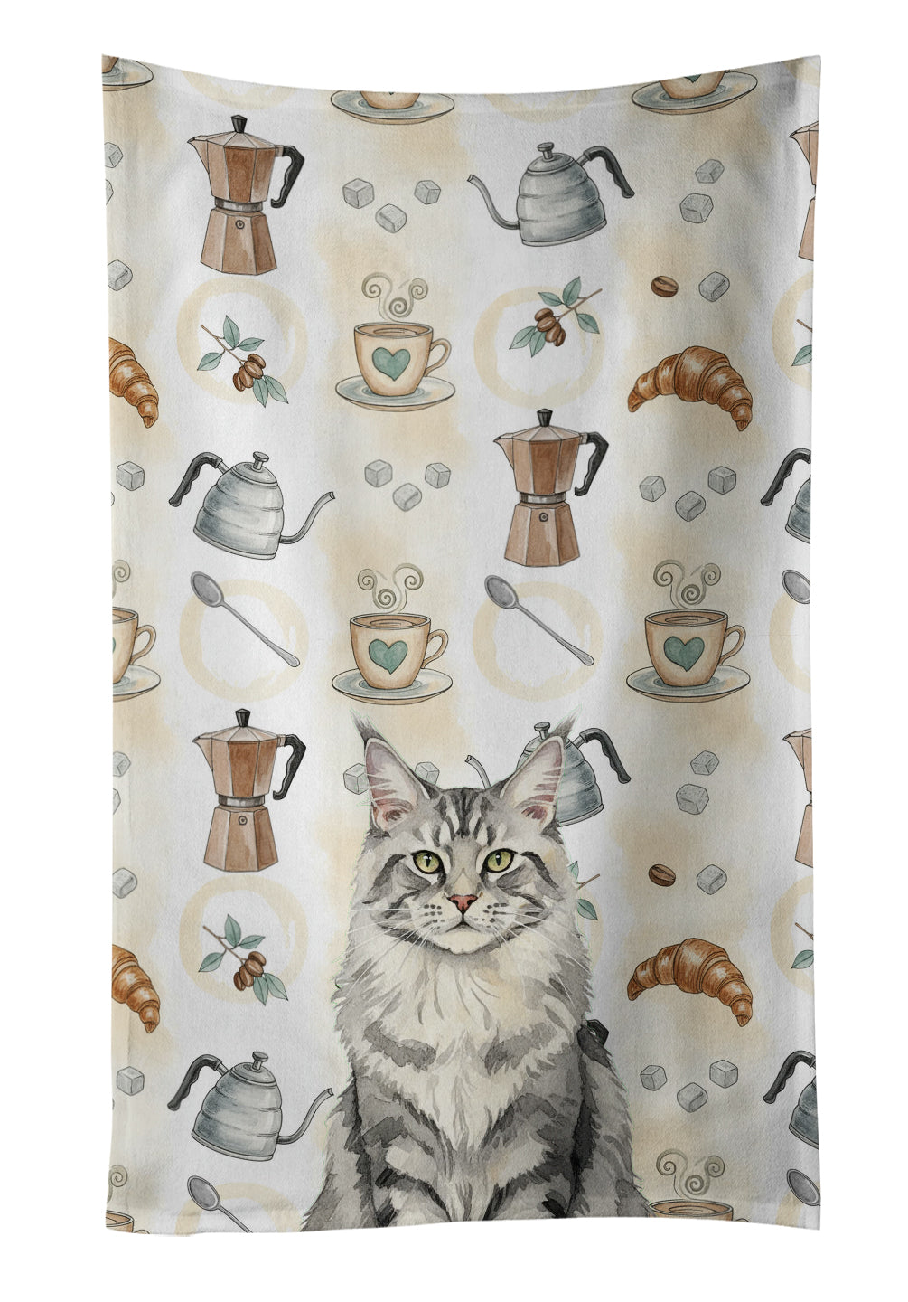 MaineCoon Silver Tabby Cat Coffee Time Kitchen Towel Velour Plush Front and Cotton Loop Back Machine Washable