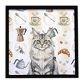 MaineCoon Silver Tabby Cat Coffee Time Framed Metal Print Bathroom, Kitchen, Office, Home Decor Wall Art Ready to Hang, Square, 8X8
