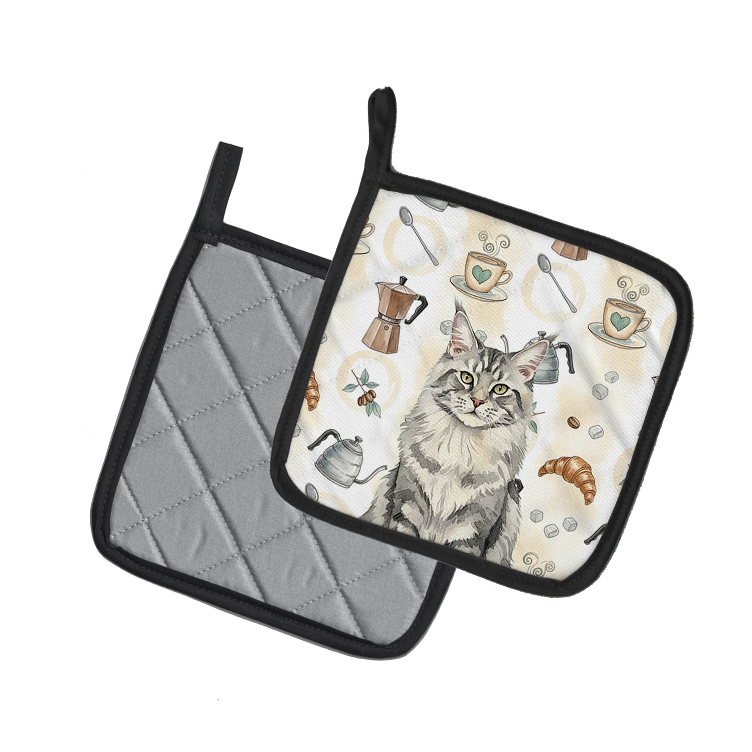 MaineCoon Silver Tabby Cat Coffee Time Pot Holder Set of 2 Heat Resistant Quilted Hot Pads 7.5 x 7.5 Inch, Insulated Kitchen Trivets for Cooking & Baking