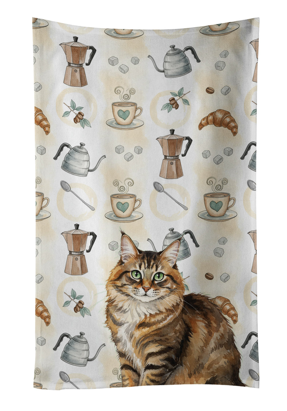 Norwegian Forest Cat Brown Tabby Cat Coffee Time Kitchen Towel Velour Plush Front and Cotton Loop Back Machine Washable