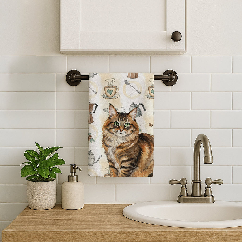 Norwegian Forest Cat Brown Tabby Cat Coffee Time Kitchen Towel Velour Plush Front and Cotton Loop Back Machine Washable