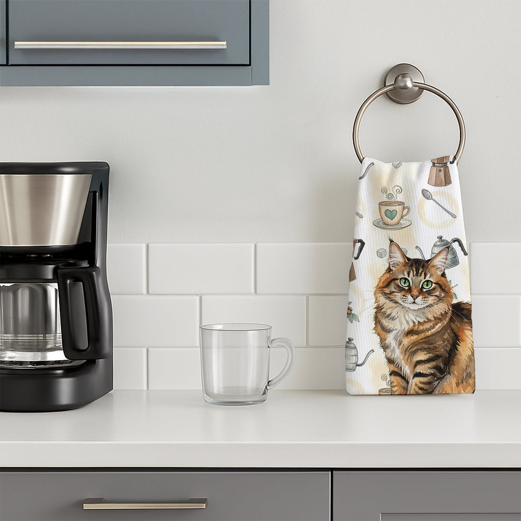 Norwegian Forest Cat Brown Tabby Cat Coffee Time Kitchen Towel Velour Plush Front and Cotton Loop Back Machine Washable