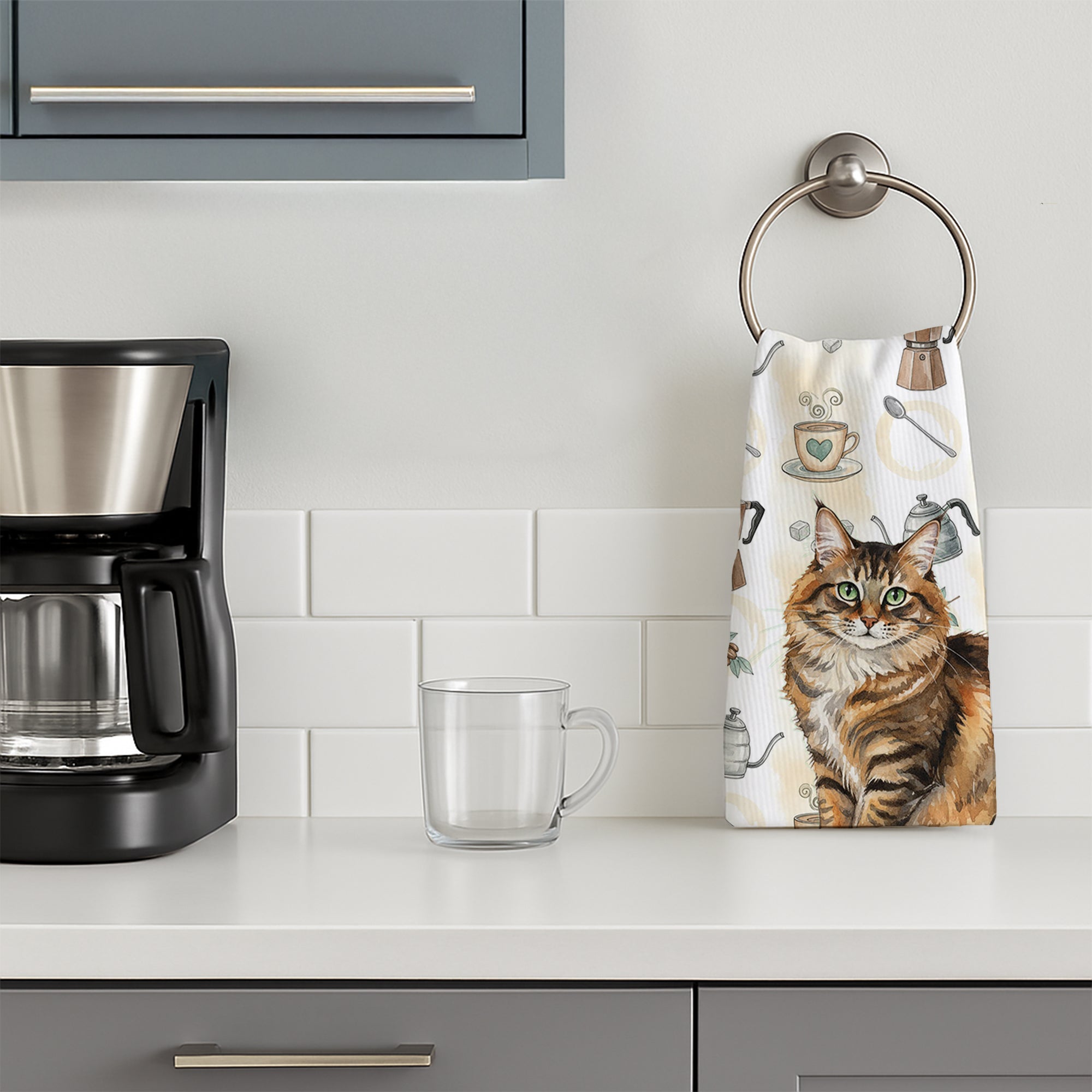 Norwegian Forest Cat Brown Tabby Cat Coffee Time Kitchen Towel Velour Plush Front and Cotton Loop Back Machine Washable